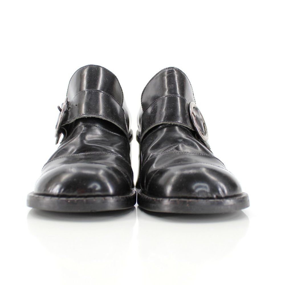 VTG 90s Black Leather Heeled Loafers Chunky Buckle Strap Shoes Italy Size 6.5/7 - Picture 9 of 12